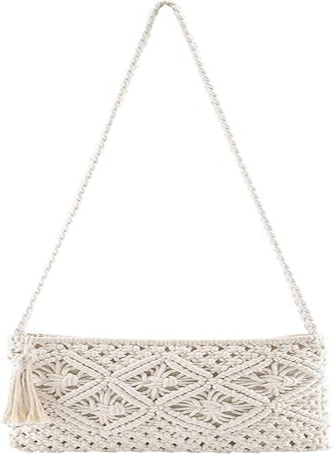 PARAH Women's Handwoven Crossbody Handbag Summer Beach Shoulder Handbag Cotton Crochet Woven Handmade Purse Bag Tassel For Ladies (White) - Image 1
